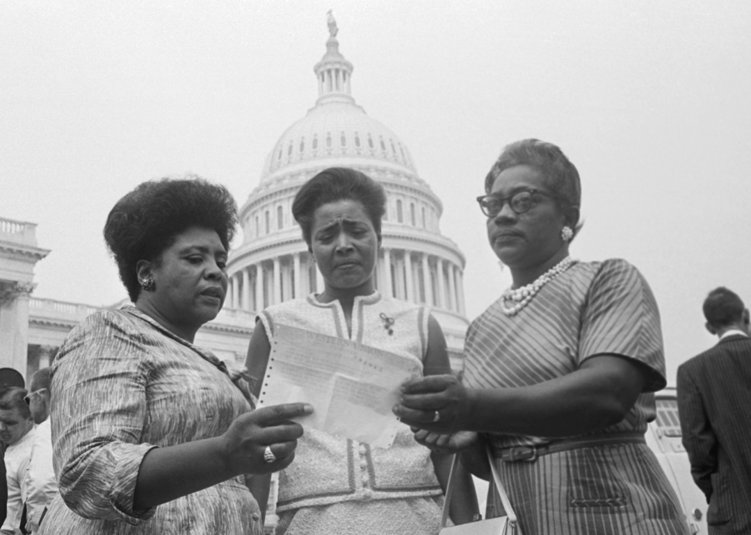 Fannie Lou Hamer, Victoria Gray, and Annie Devine on the steps of the U.S. Capitol.