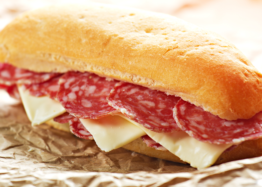 Hot salami and cheese sandwich on Italian roll.