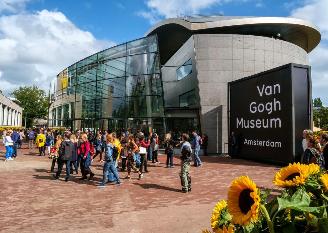 People gathered in front of the Van Gogh Museum in Amsterdam.