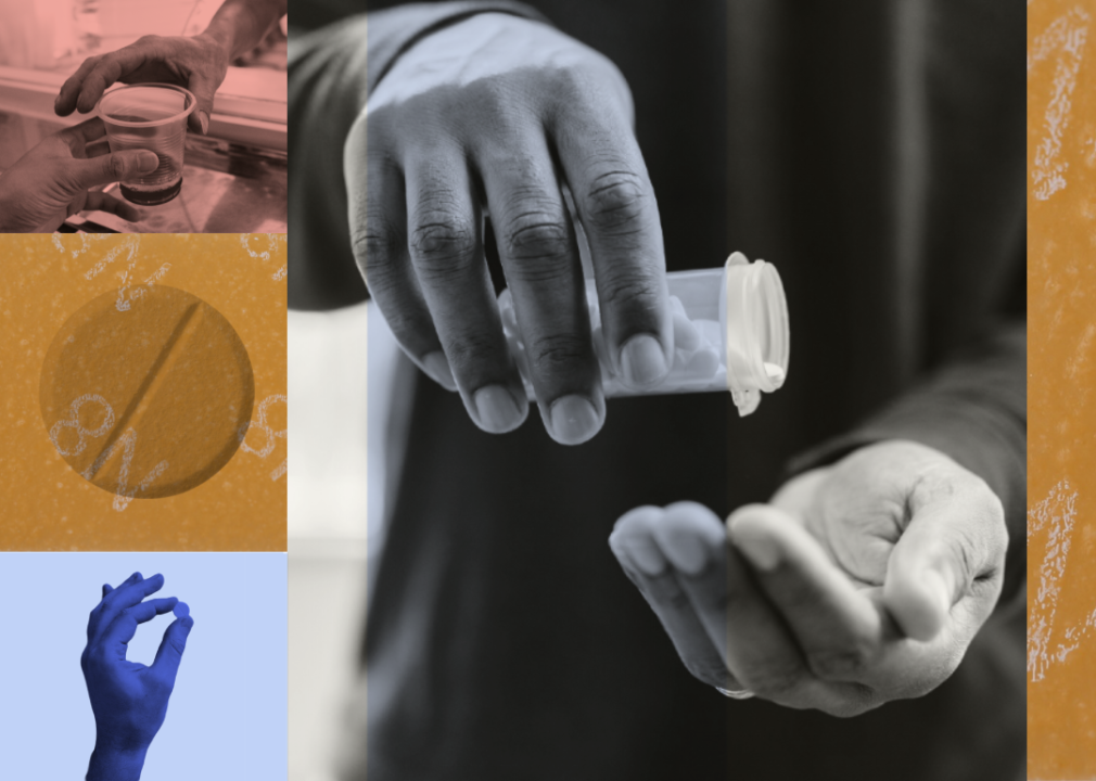 Collage with hand reaching for methadone dose, hand holding pill, Suboxone strip, and person holding prescription bottle.