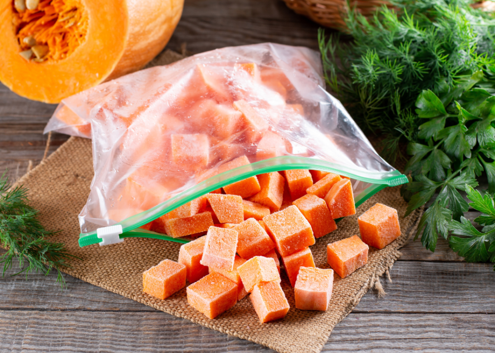 Frozen vegetables in Ziploc bag.