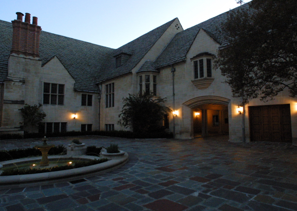 The entrance of Greystone mansion at dusk.