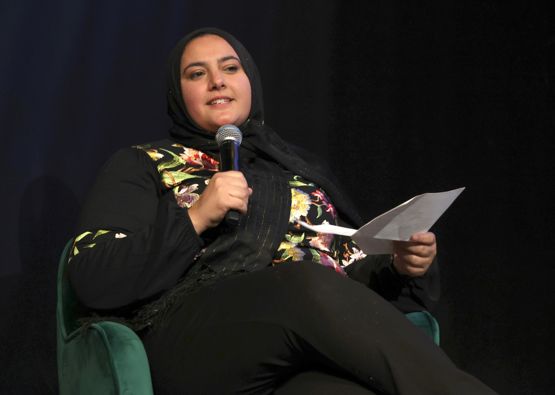 Iman Zawahry speaks on stage at Sundance Film Festival.