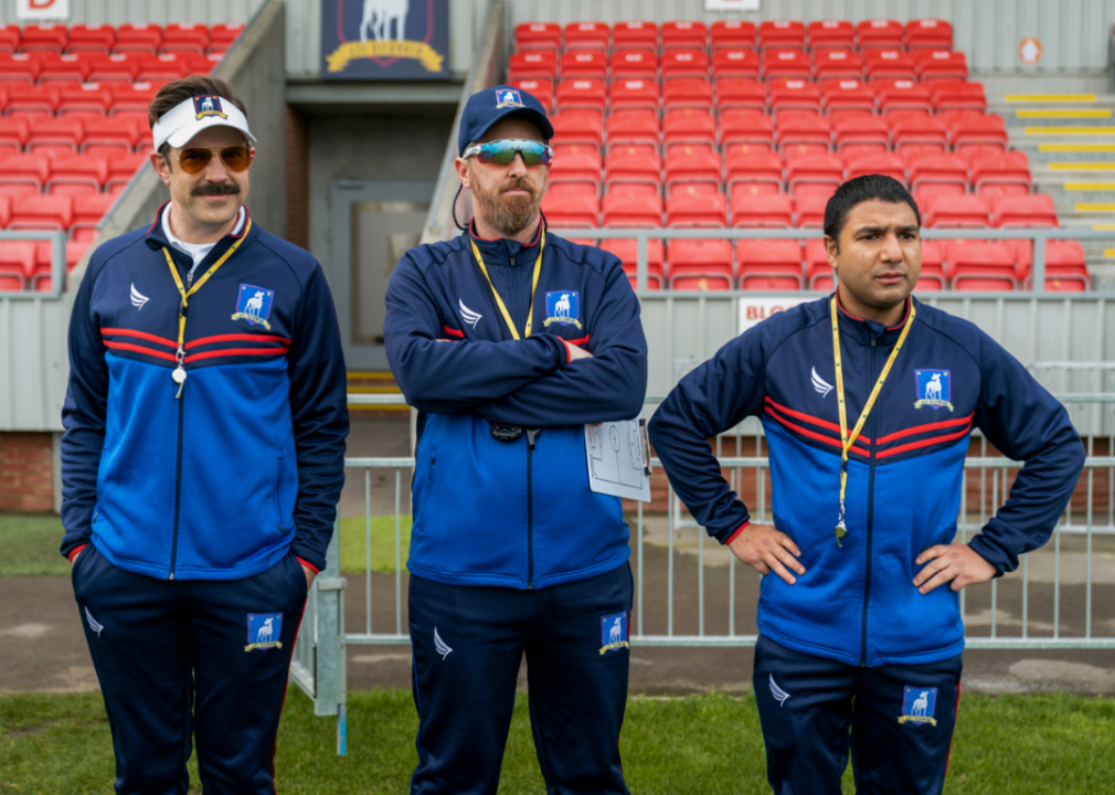 Brendan Hunt, Jason Sudeikis, Brett Goldstein and Nick Mohammed in a scene from ‘Ted Lasso.’