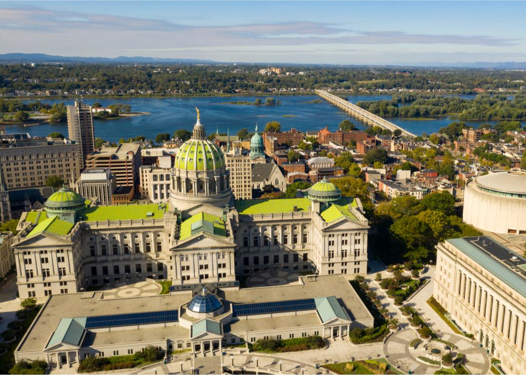 Aerial view Capitol building and Harrisburg.