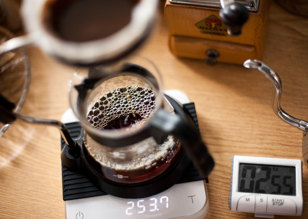 Timer calculating brewing time on drip coffee.