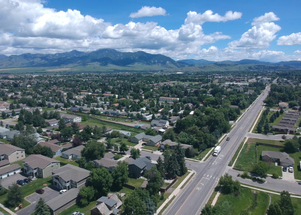 Aerial view Bozeman and surrounding area in summer.