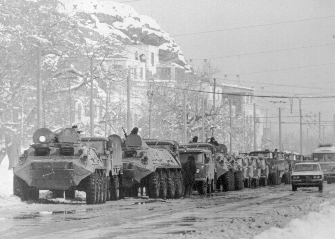 Armored Soviet vehicles arriving in Kabul.
