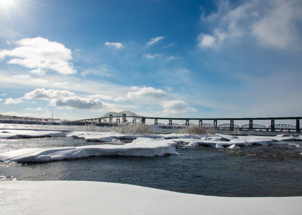 The International Bridge in winter with snow.