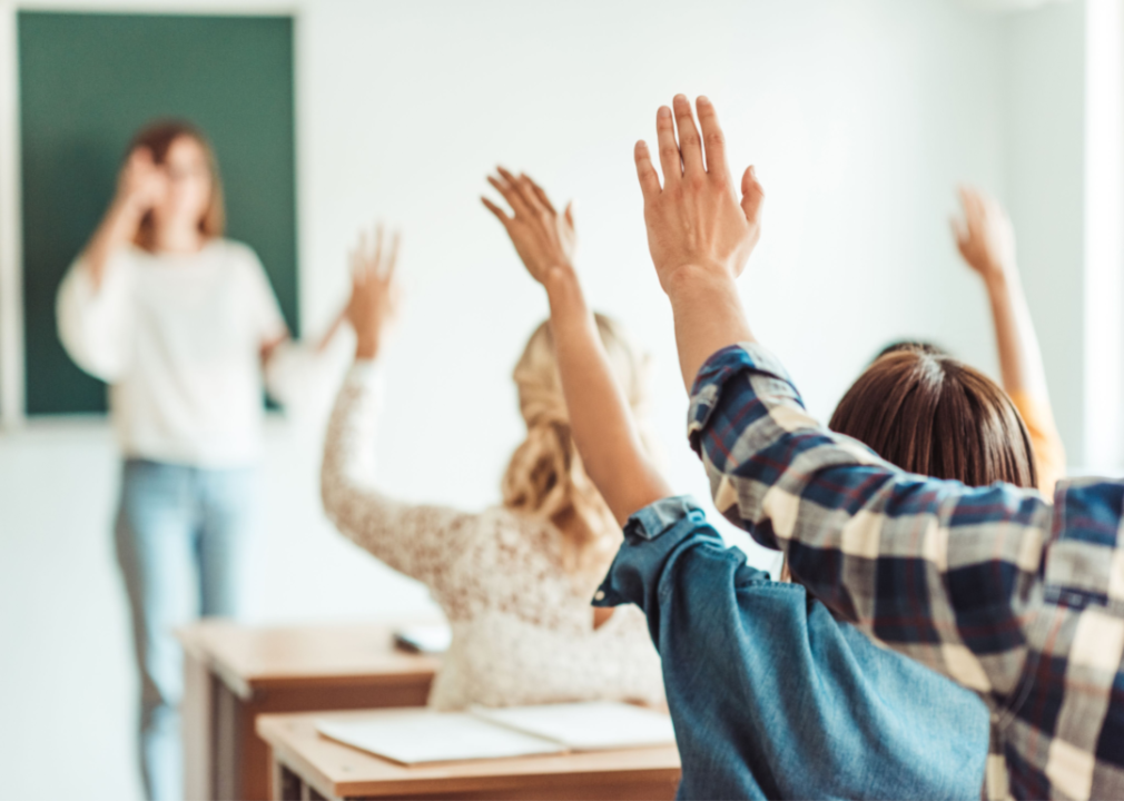 Group of students raising hands in class