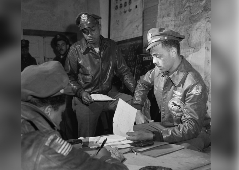 Tuskegee airmen Woodrow W. Crockett and Edward C. Gleed in Ramitelli, Italy, in March 1945.