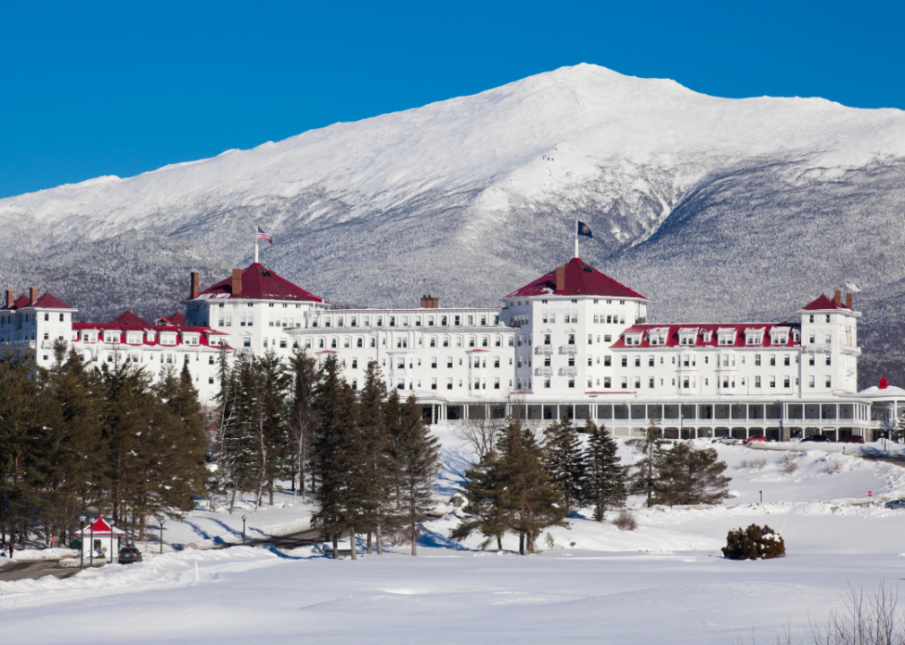 Mount Washington hotel in winter with snowy mountains in the background.