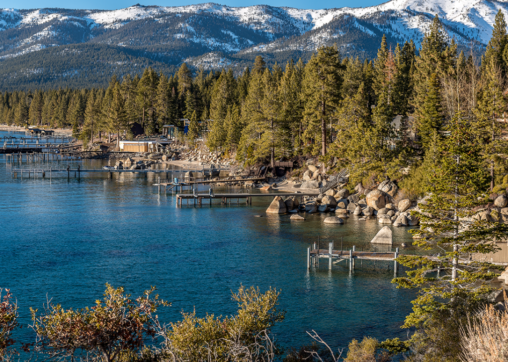 Nevada: Washoe County Elevated view of waterfront docks on scenic lakes.