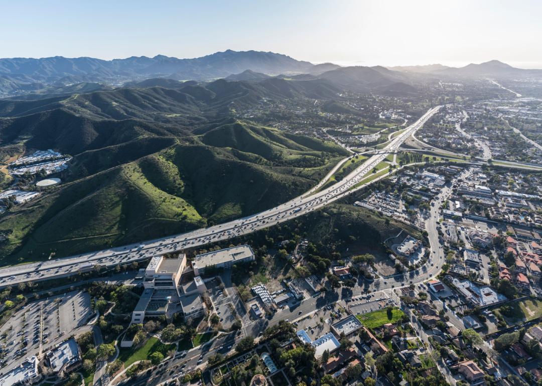 Aerial view of Ventura 101 freeway and suburban Thousand Oaks, California.