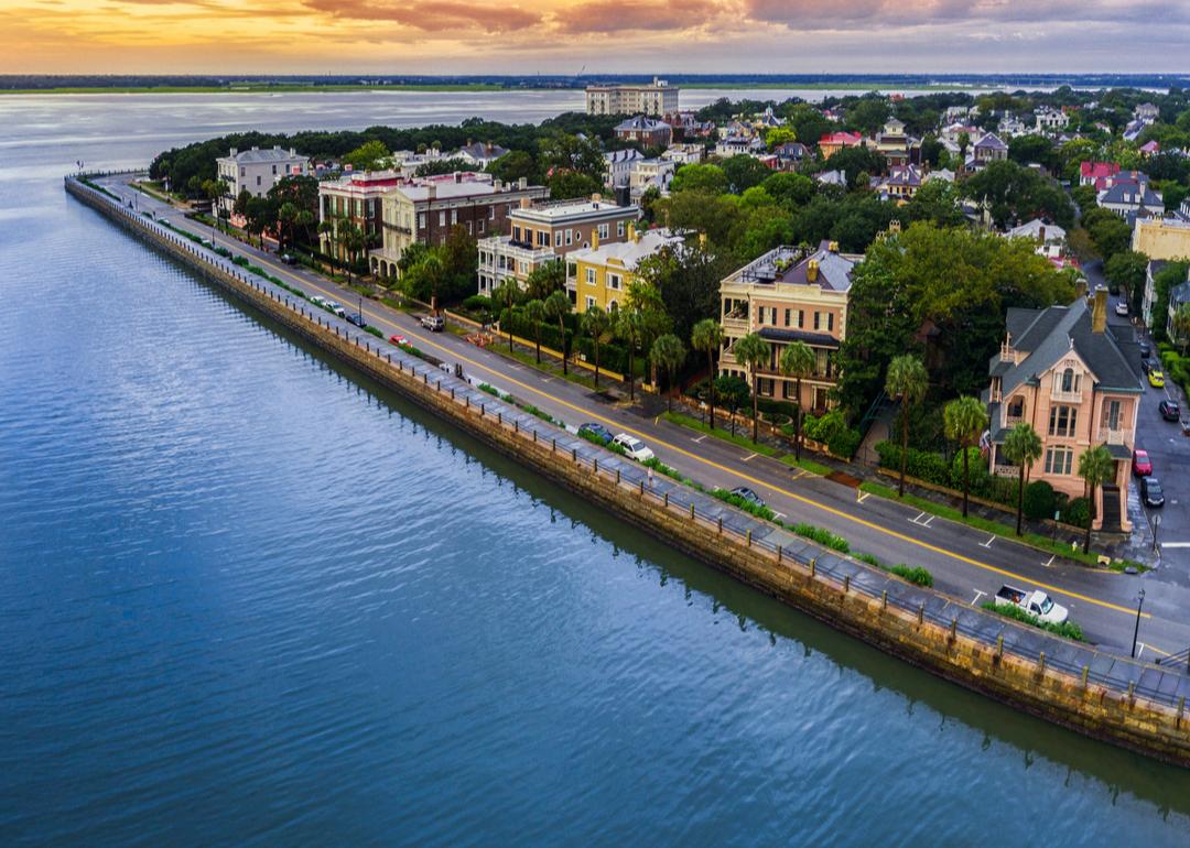 Aerial view of Charleston along waterfront.