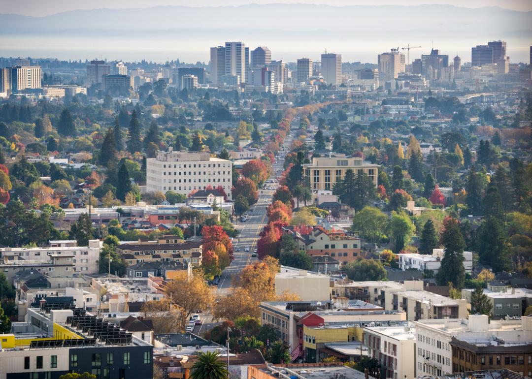 Aerial view of north Oakland, California, on a sunny autumn evening.