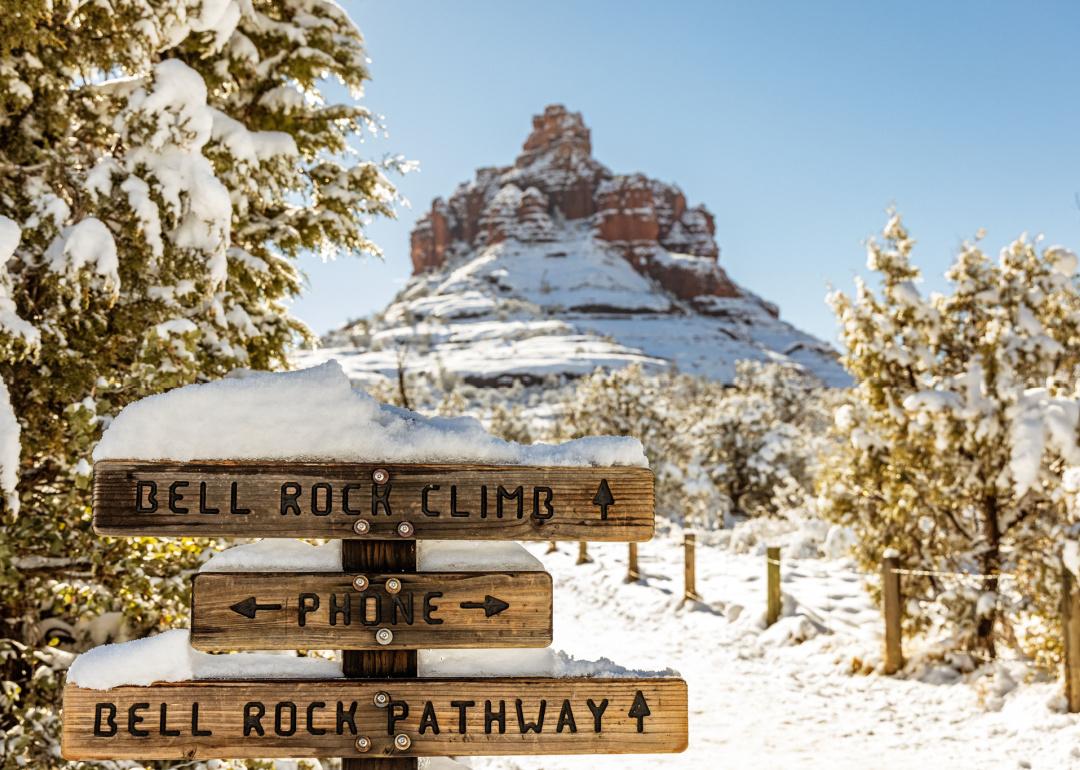 Trail markers for Bell Rock hiking trail covered in snow on a sunny winter day