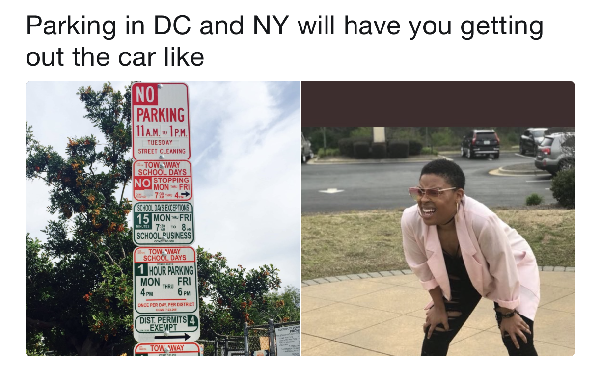 An example of the "sqaut and squint" meme with a woman seemingly looking at parking signs.