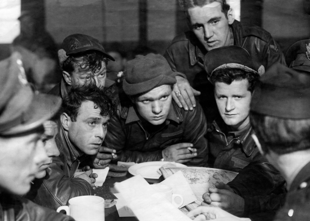 Pilots of the American 8th Air Force receive instructions after an air raid in March 1944.