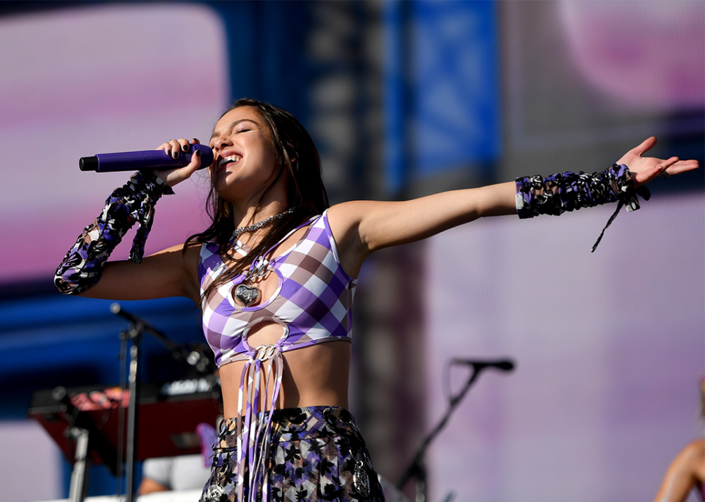 Olivia Rodrigo performs at the Glastonbury Festival.