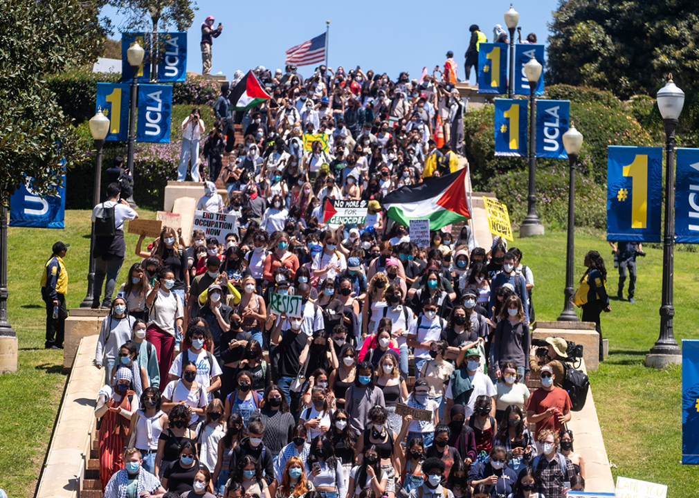 Protesters gather on steps at UCLA.