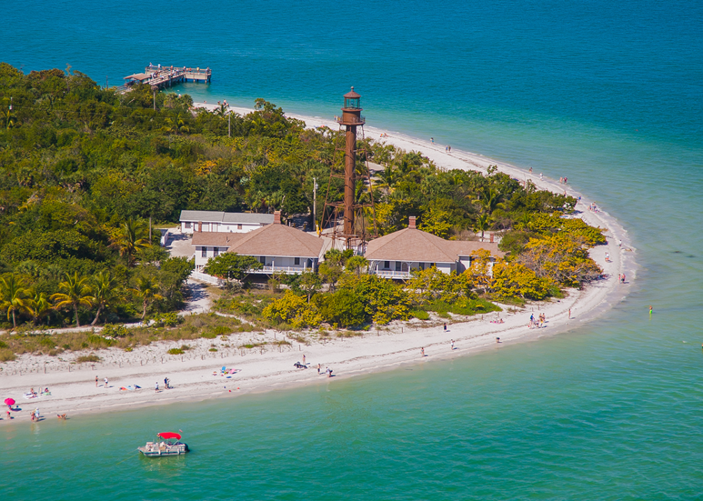 Aerial view of historic Sanibel Lighthouse Beach Park.