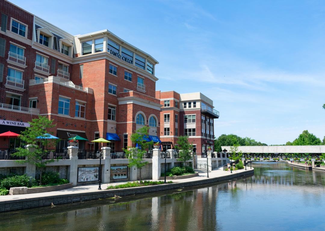 Shops and restaurants along the Naperville Riverwalk.