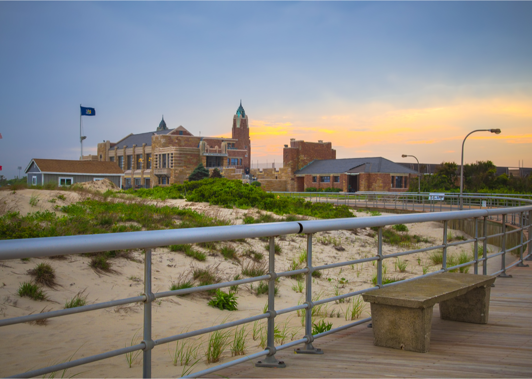 Historic buildings near a beach boardwalk