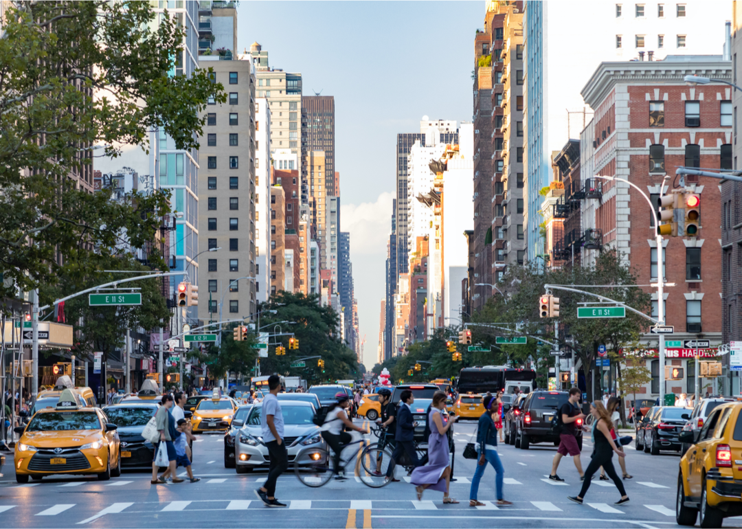 Busy downtown street scene in Manhattan, New York.