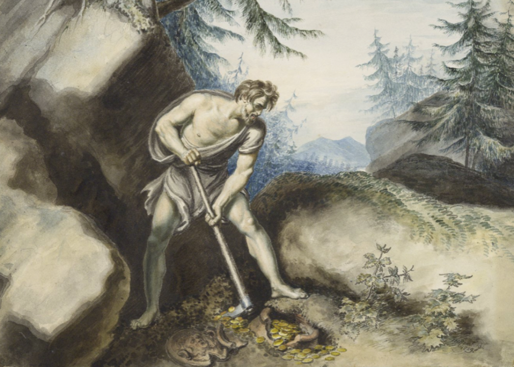 Watercolor depicting Timon laying aside the gold