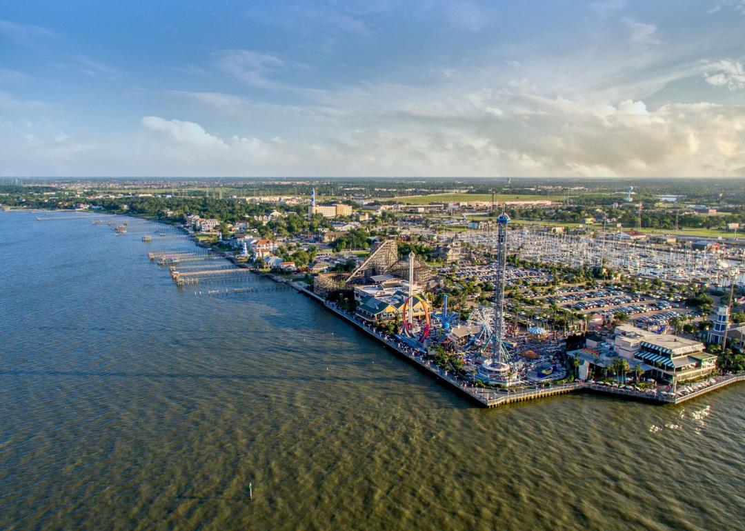 Aerial view over Kemah Boardwalk and Galveston Bay.