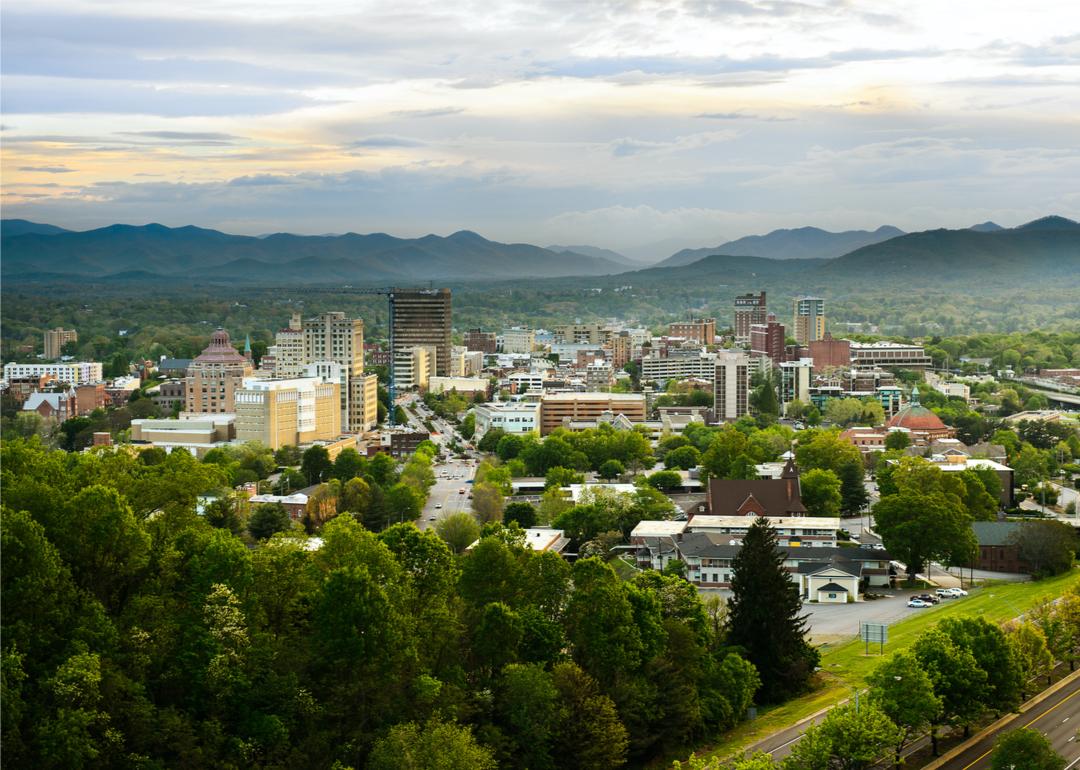 Elevated view of Asheville, North Carolina and surrounding mountains