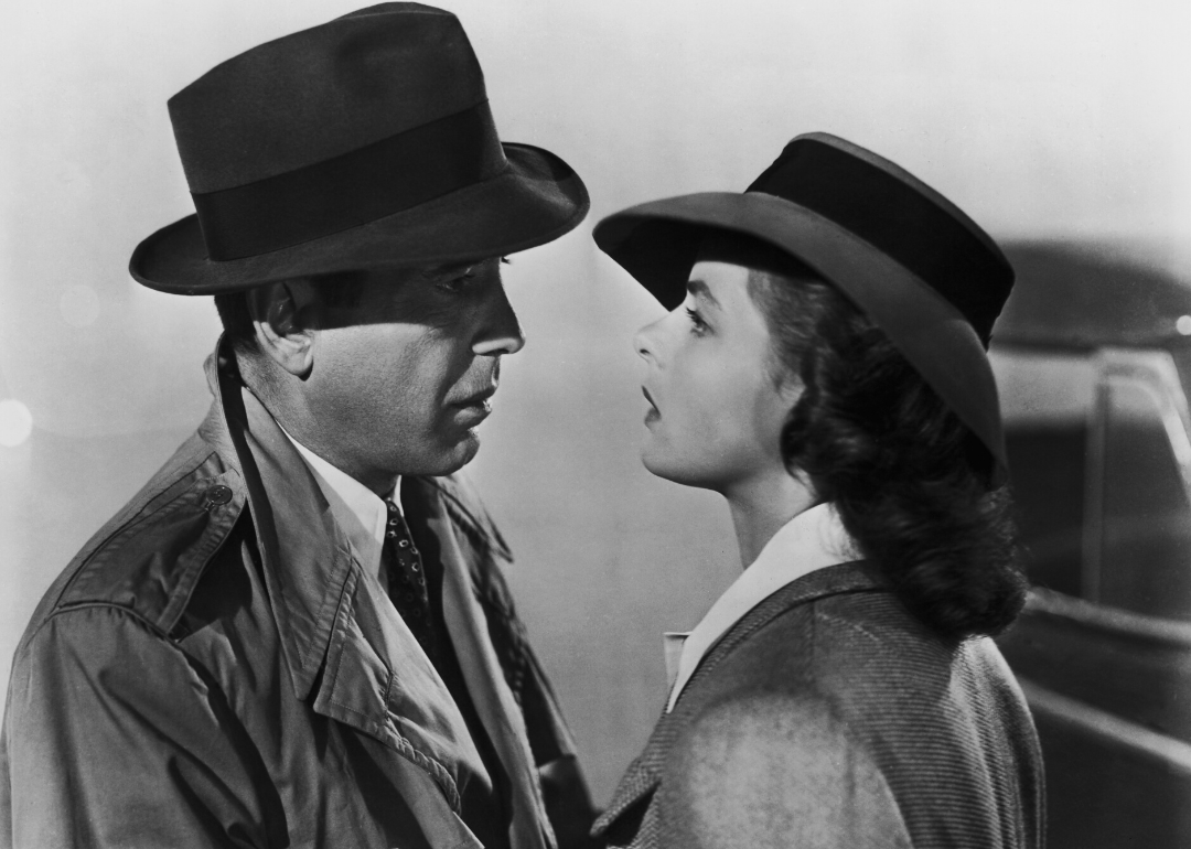 Humphrey Bogart and Ingrid Bergman face each other in a scene from Casablanca.