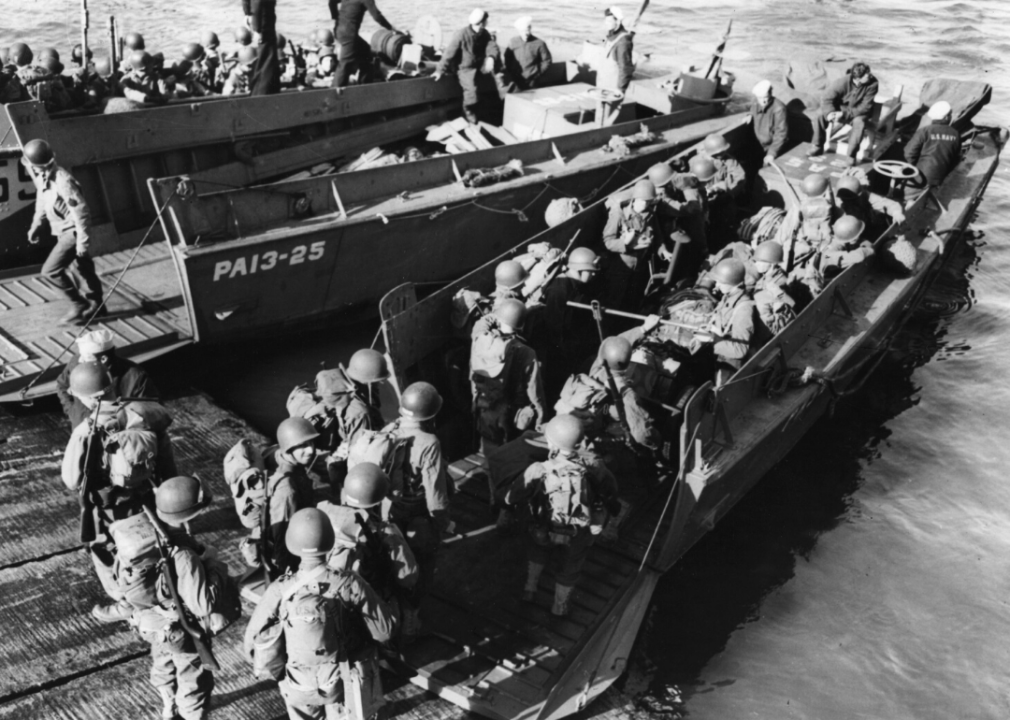 American troops board their Landing Craft Vehicle-Personnel at Torquay Hards, England, on June 3, 1944.