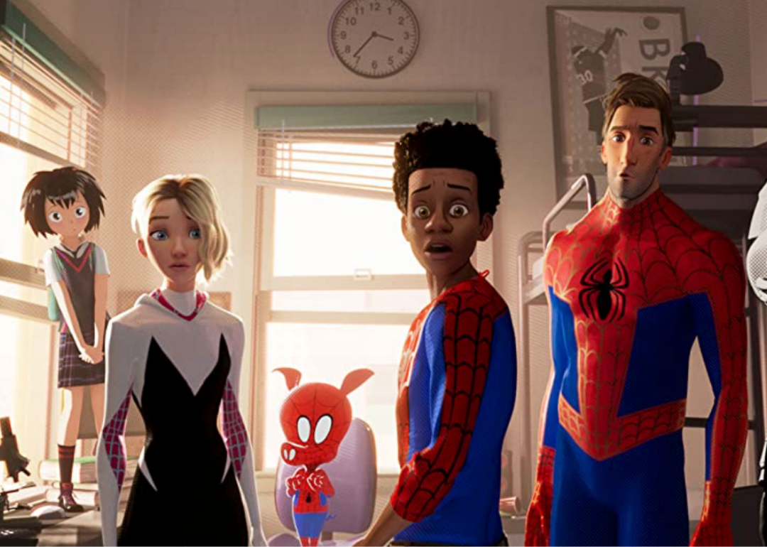 Animated characters in a scene from ‘Spider-Man: Into the Spider-Verse’