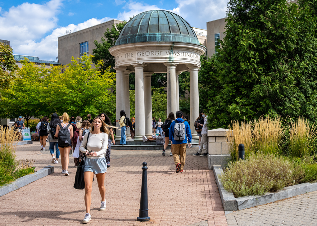 Students walking through Kogan Plaza at the center of George Washington University Campus.