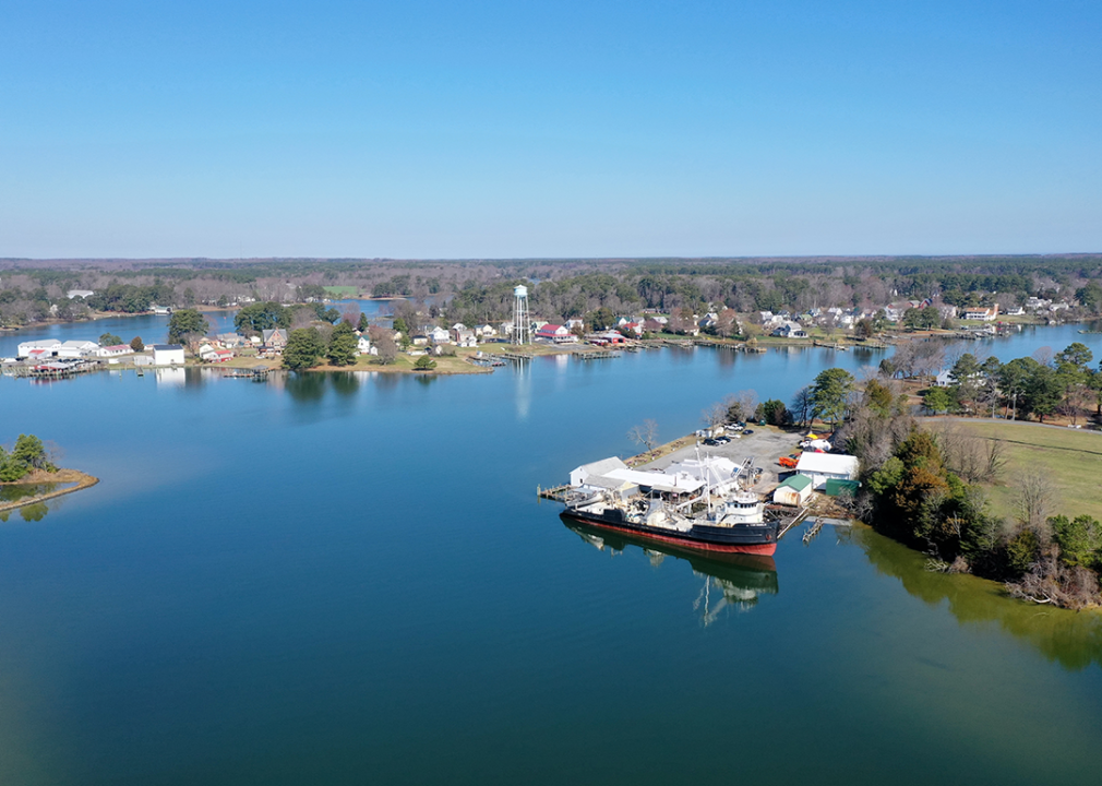Drone shot over the bay of Reedville.