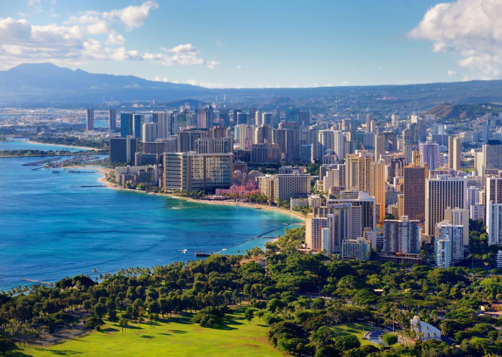 Hawai'i: Honolulu County Elevated view of downtown Honolulu Hawaii.