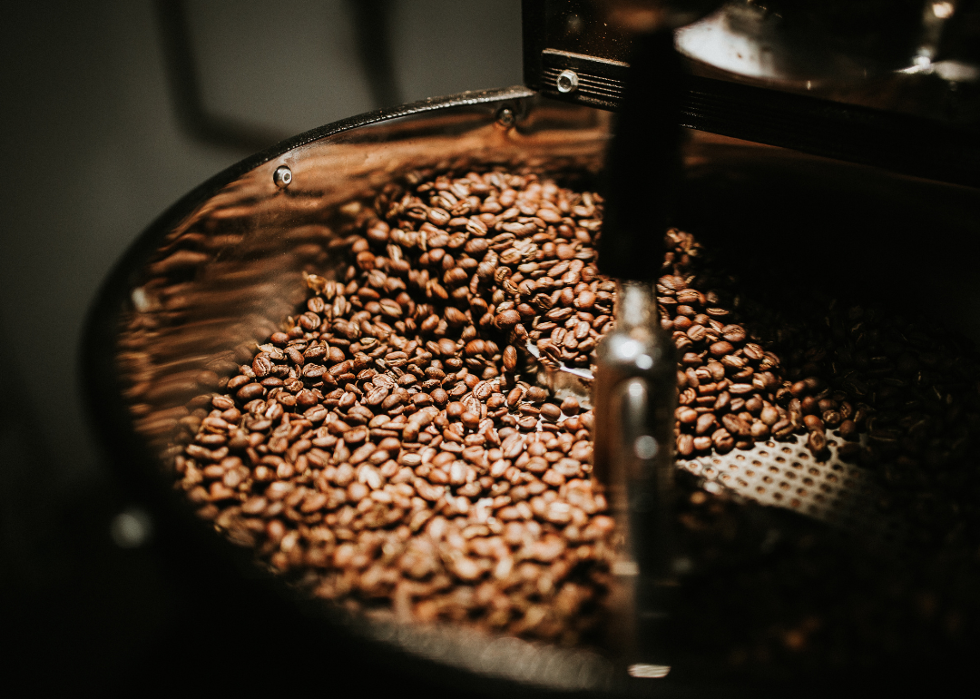 Small batch of freshly roasted coffee in cooling tray.