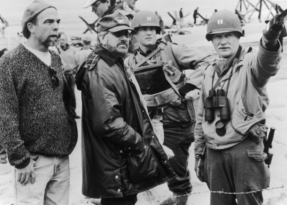 Director Steven Spielberg and actor Tom Hanks at work on the set of 