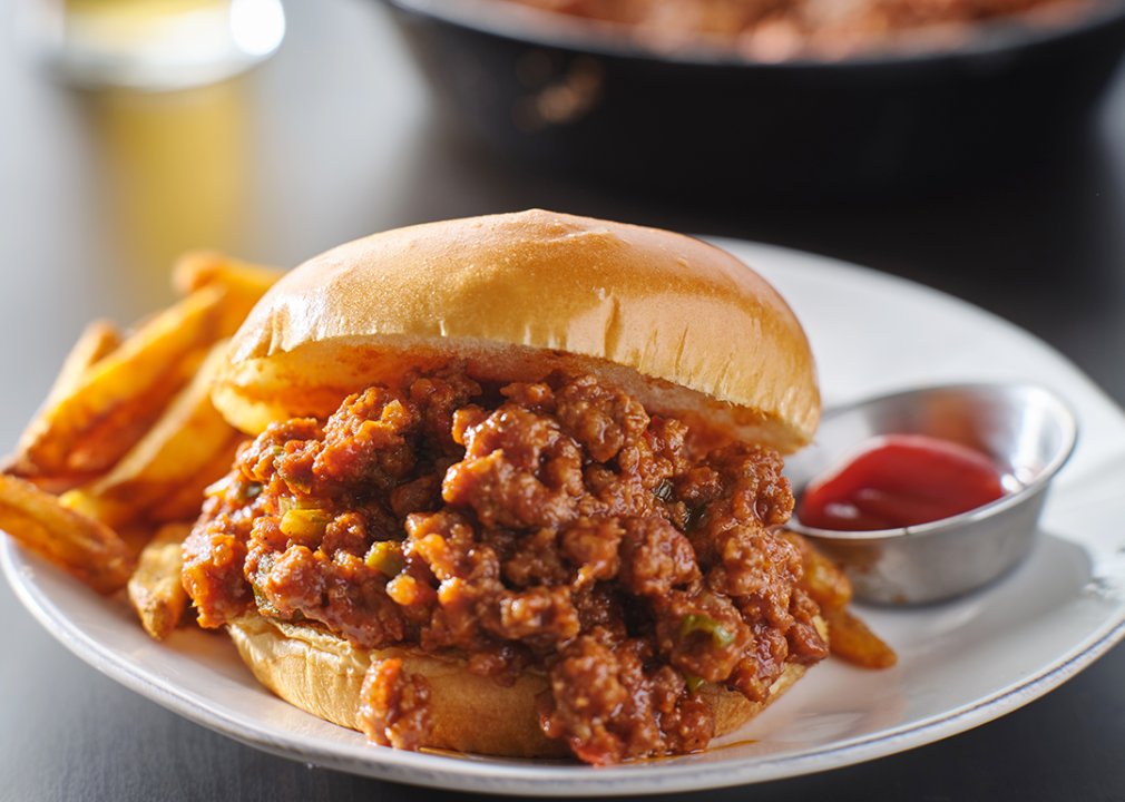Sloppy Joe sandwich with french fries and ketchup.
