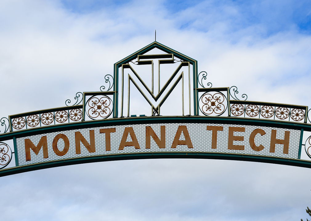 Montana Tech arched metal sign in closeup.