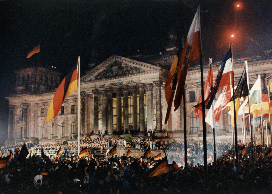 Crowds in front of the Reichstag celebrating German reunification.