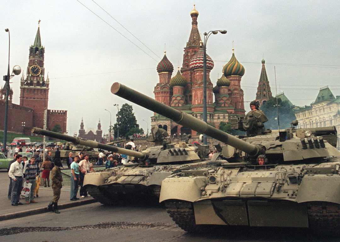 Soviet tanks in Red Square during failed coup attempt.