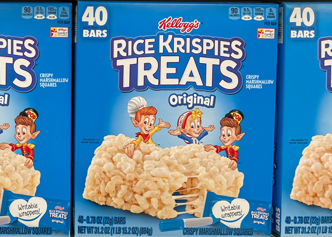 Boxes of Kellogg's Rice Krispies Treats in supermarket.