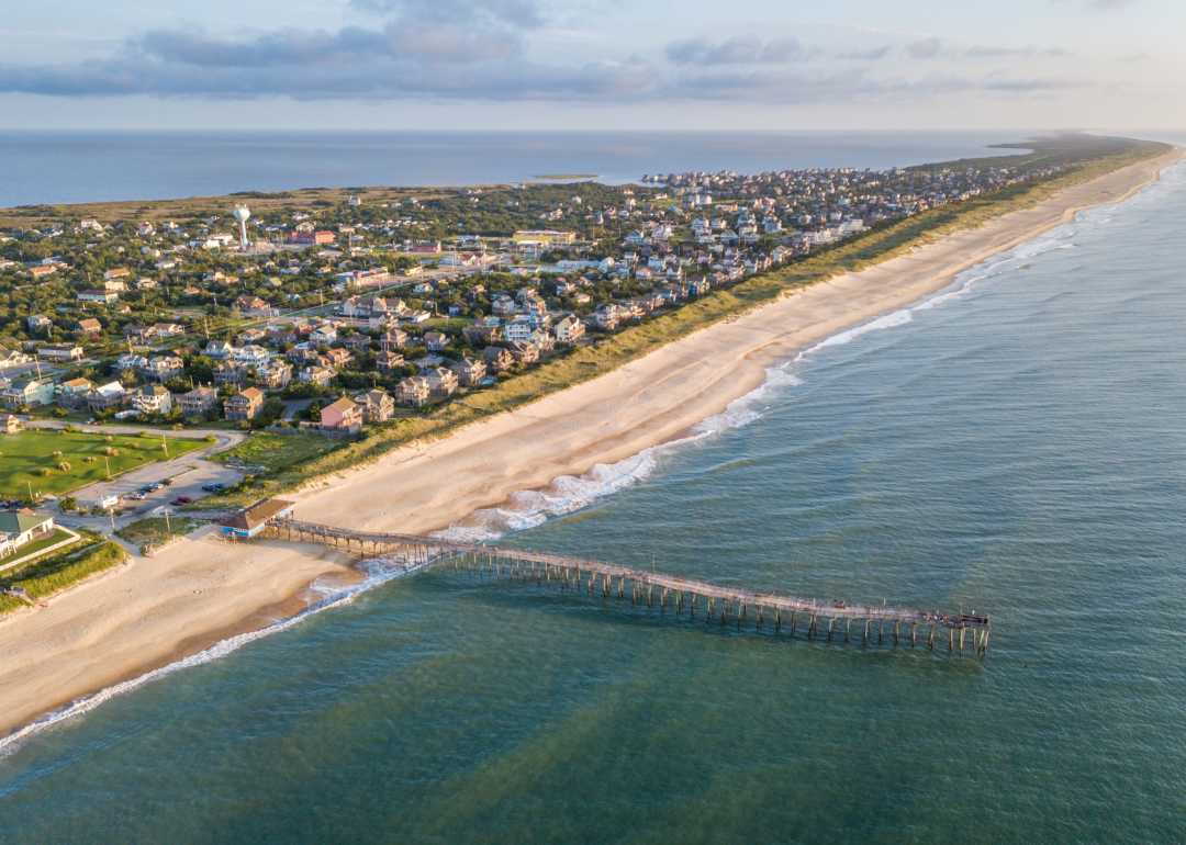 Aerial view of Outer Banks beaches and pier.
