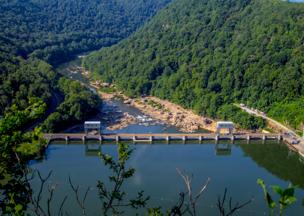 Aerial view of dam at Hawk’s Nest State Park.