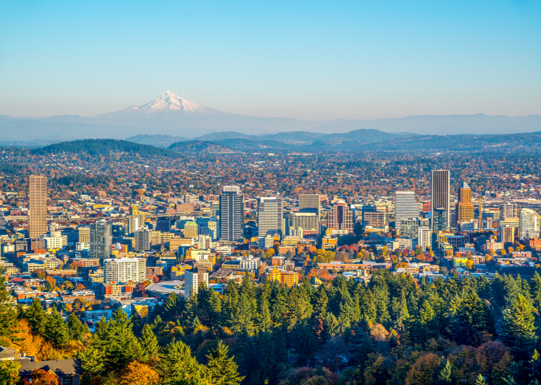 Portland cityscape and Mount Hood in autumn.