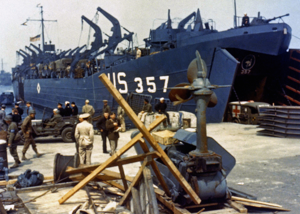 An ambulance is loaded at Portland Harbor in Dorset, England, on June 5, 1944.