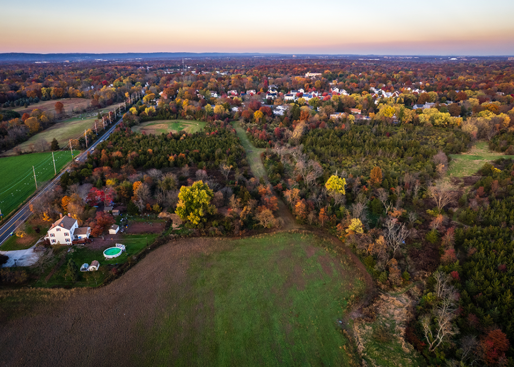 Drone view of field and residential homes in autumn.